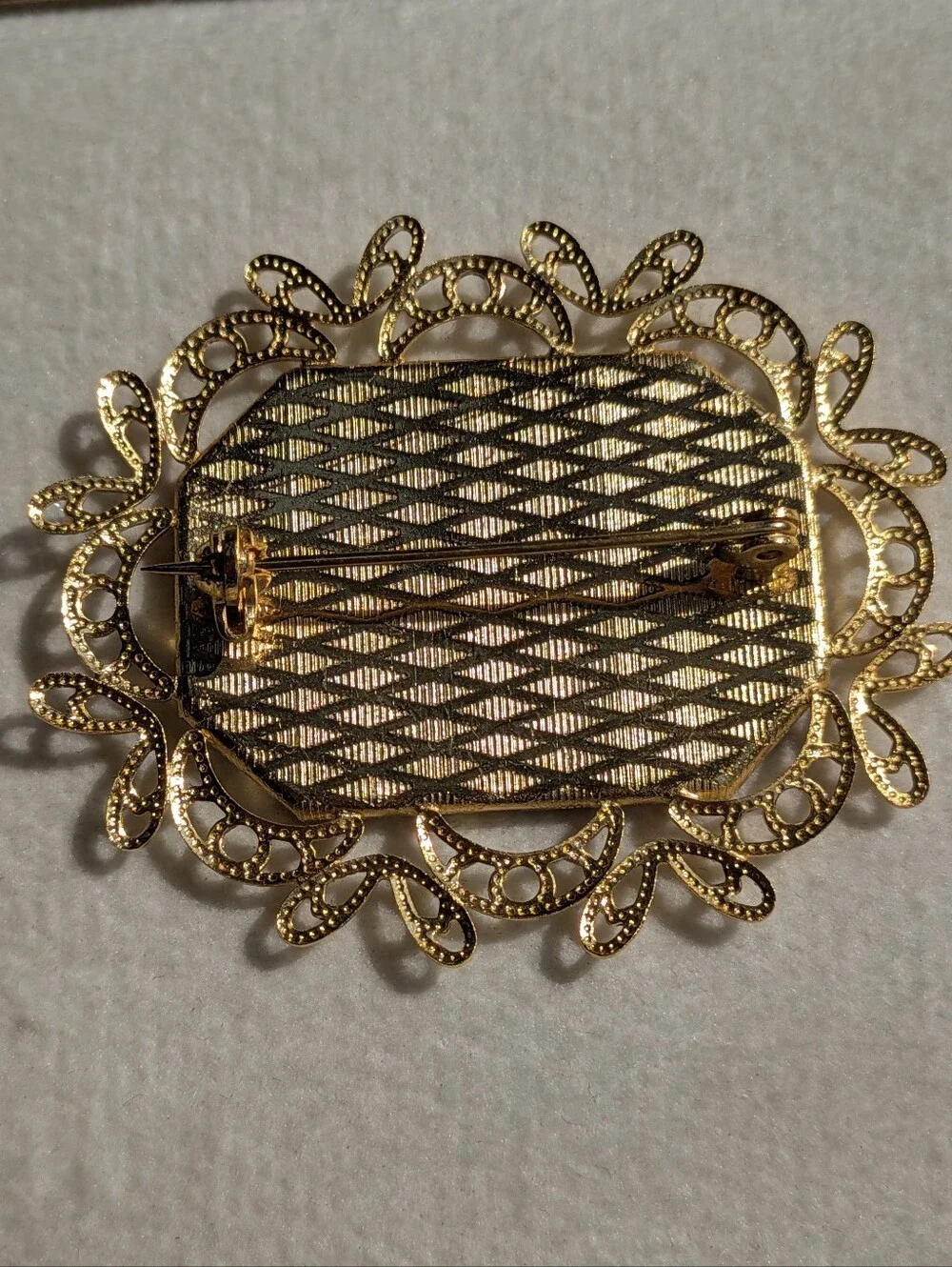 Vintage Anframa Toledo 24K Gold Damascene Brooch – Birds & Floral Design – NOS